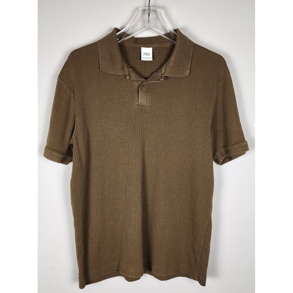 Zara Other - Zara Men's Olive Green Ribbed‎ Knit Short Sleeve Button Up Collar Polo Shirt M